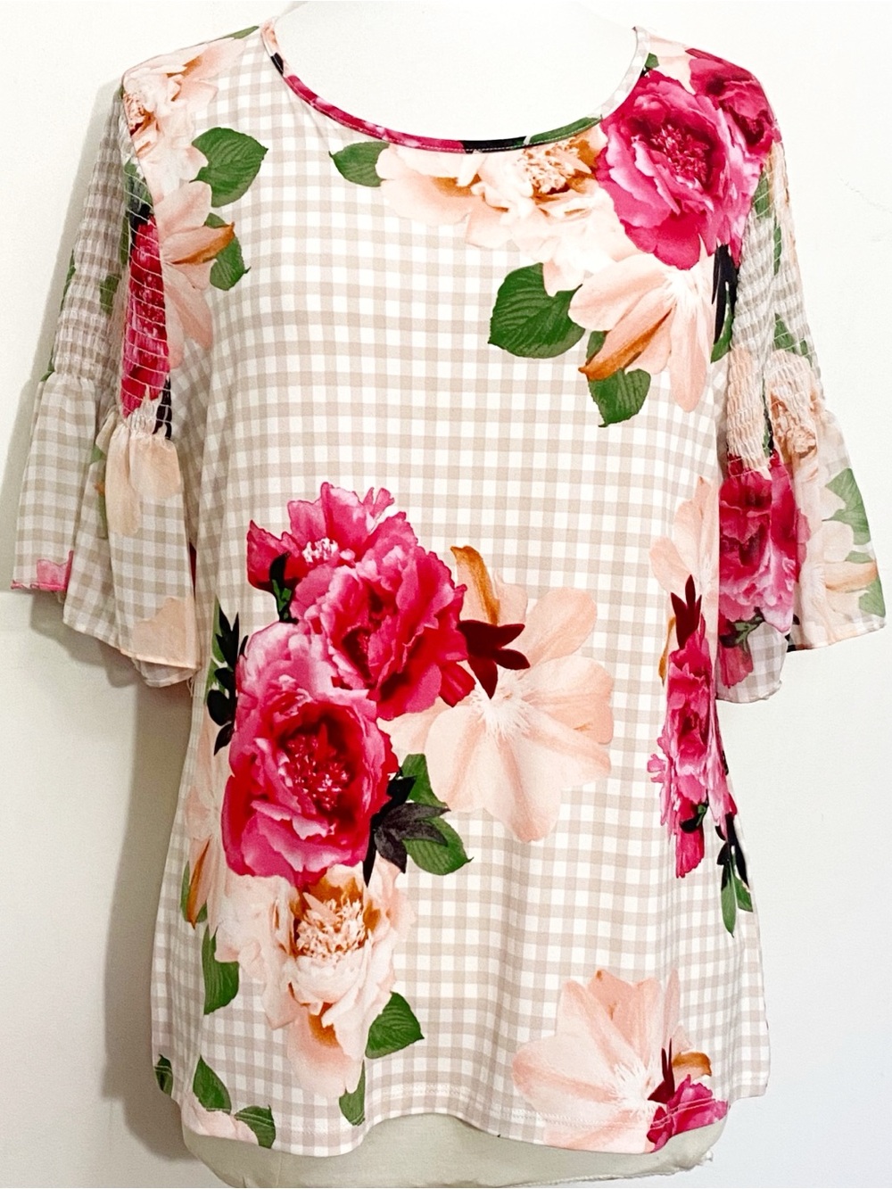 Calvin Klein Pink Floral Gingham Art to Wear Smocked Bell Sleeve Knit Top L
